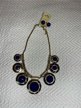 Gold-Tone Statement Necklace with Navy Blue Discs - Women Jewelry